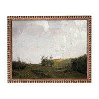 The image is a landscape painting depicting a serene countryside scene with rolling hills, trees, and a cloudy sky.