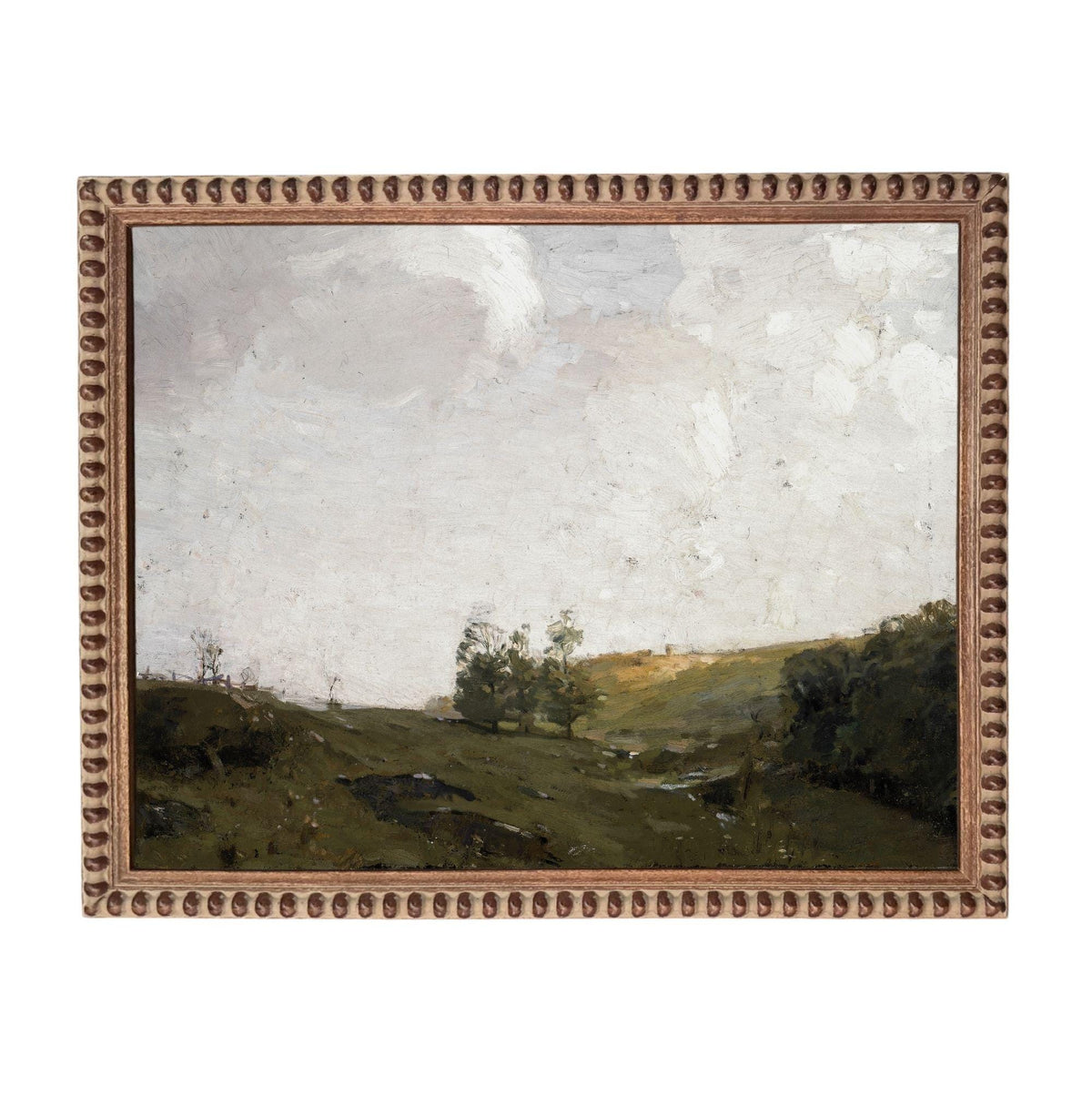 The image is a landscape painting depicting a serene countryside scene with rolling hills, trees, and a cloudy sky.