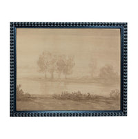 The image is a framed painting depicting a serene landscape with trees and a body of water.