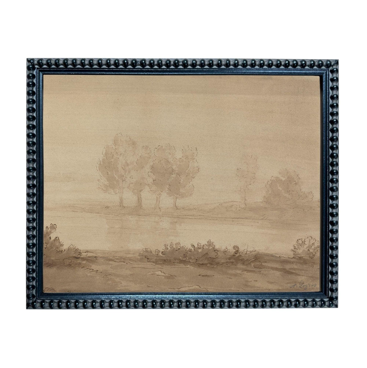 The image is a framed painting depicting a serene landscape with trees and a body of water.