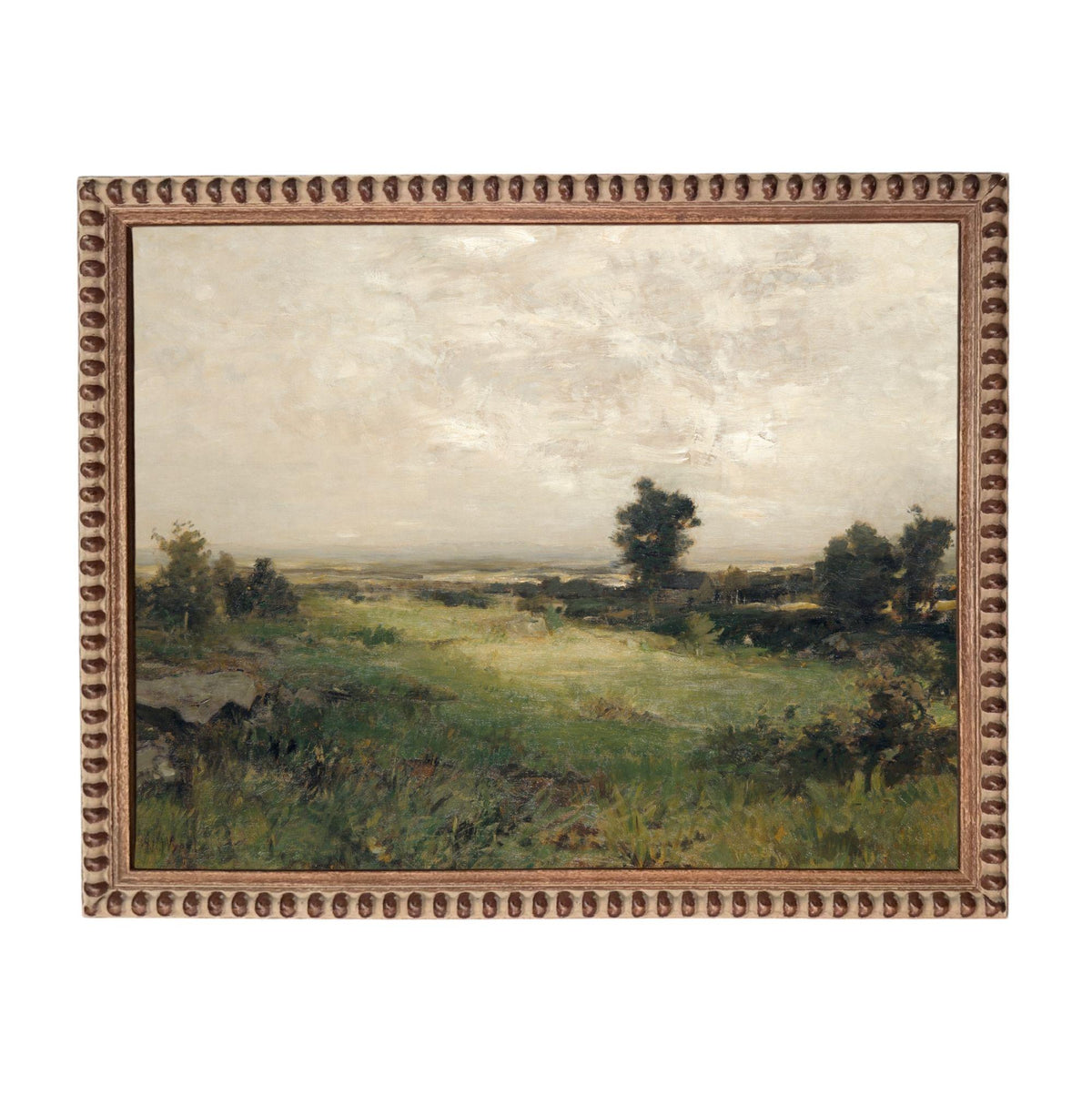 The image is a painting of a grassy field with trees in the distance, framed within an ornate wooden frame.