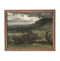 The image is a landscape painting depicting a countryside scene with rolling hills, trees, and a cloudy sky.