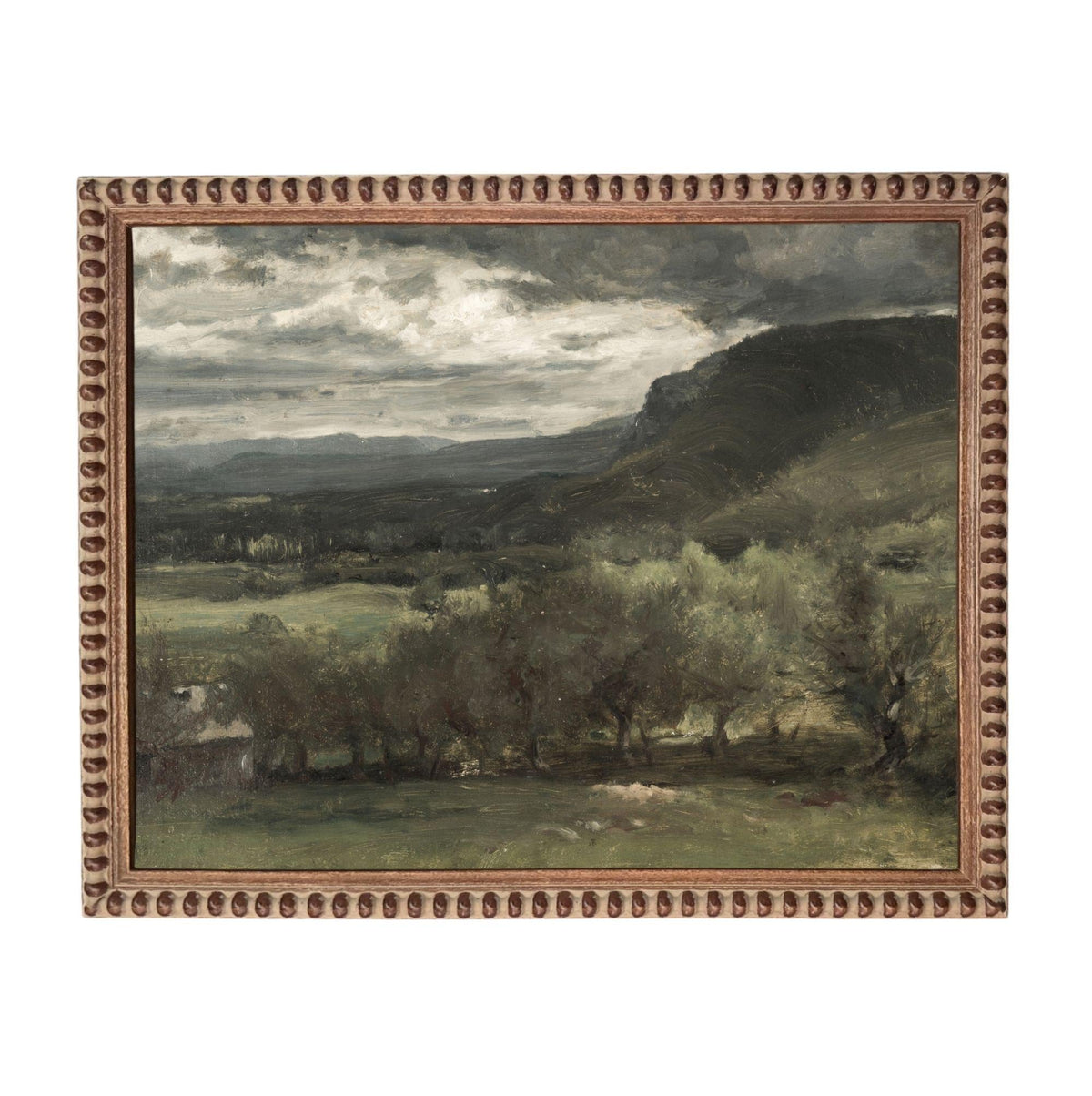 The image is a landscape painting depicting a countryside scene with rolling hills, trees, and a cloudy sky.