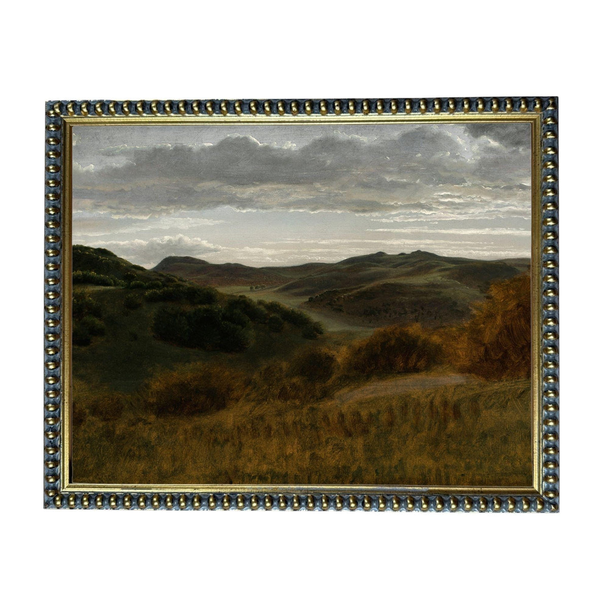 The image is a painting of a landscape with rolling hills, trees, and a cloudy sky.