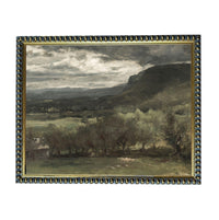 The image is a painting of a landscape with a cloudy sky, mountains, and trees.