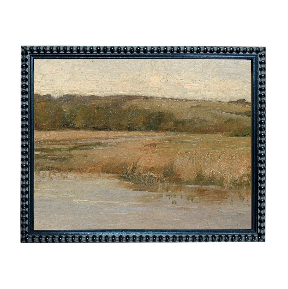 The image is a framed painting depicting a serene landscape with a body of water, trees, and a hazy sky.