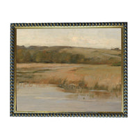 The image is a painting of a serene landscape with a body of water, grassy fields, and trees in the background.