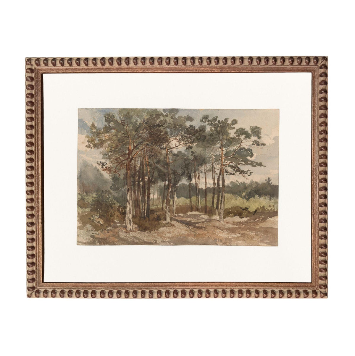 The image is a framed watercolor painting depicting a serene landscape with a group of trees in the foreground and a cloudy sky in the background.