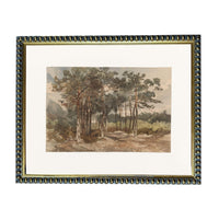 The image is a framed watercolor painting depicting a serene landscape with a group of tall trees in the background.