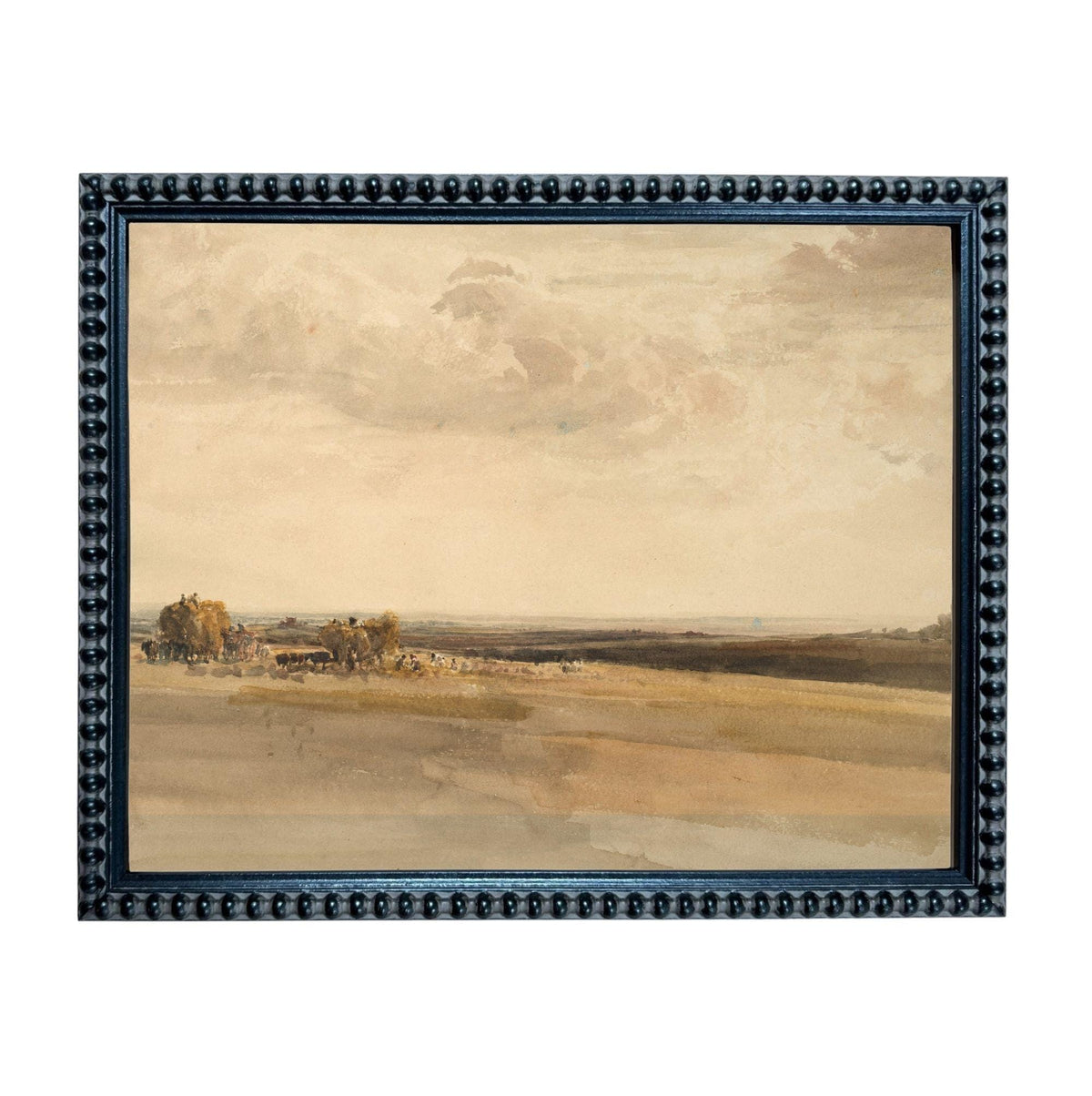 The image is a framed painting depicting a rural landscape with a field, trees, and a cloudy sky.