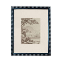 The image is a framed artwork depicting a serene landscape with a tree, mountains, and a body of water.