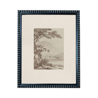 The image is a framed artwork depicting a serene landscape with a tree, mountains, and a body of water.