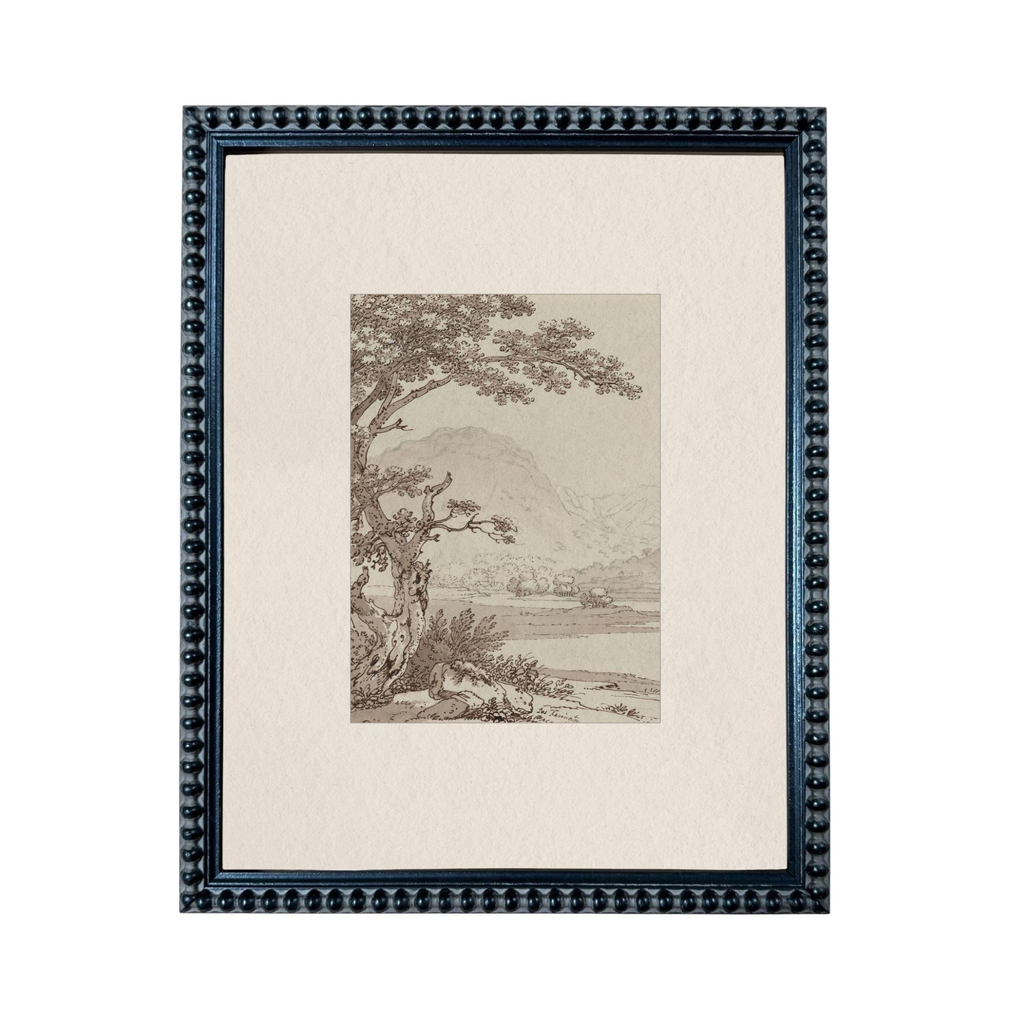 The image is a framed artwork depicting a serene landscape with a tree, mountains, and a body of water.