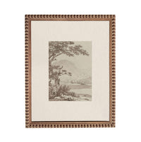 The image is a framed artwork depicting a serene landscape with a tree, mountains, and a body of water.