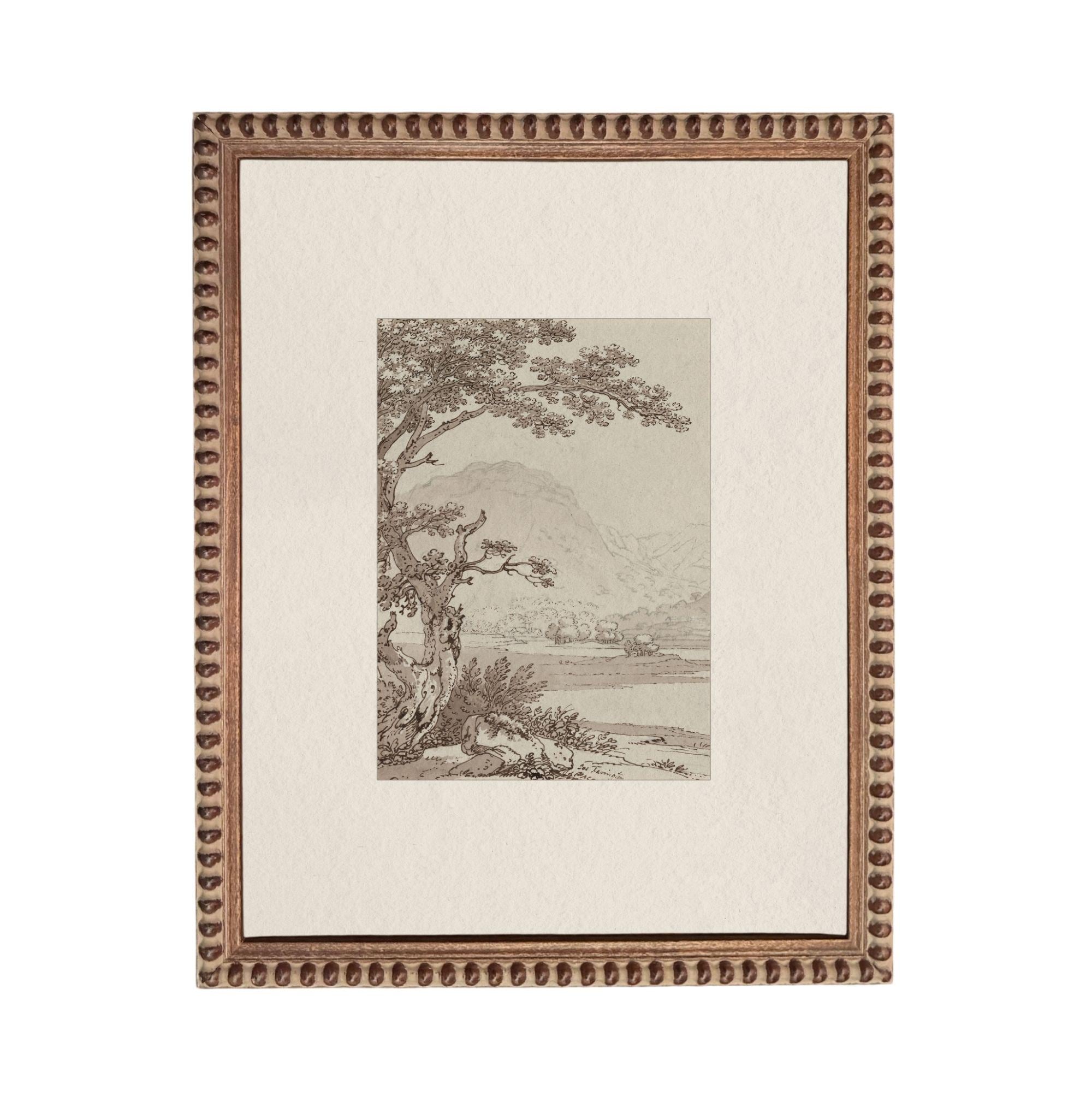 The image is a framed artwork depicting a serene landscape with a tree, mountains, and a body of water.