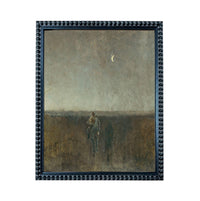 The image is a painting depicting a person riding a horse in a field under a moonlit sky.