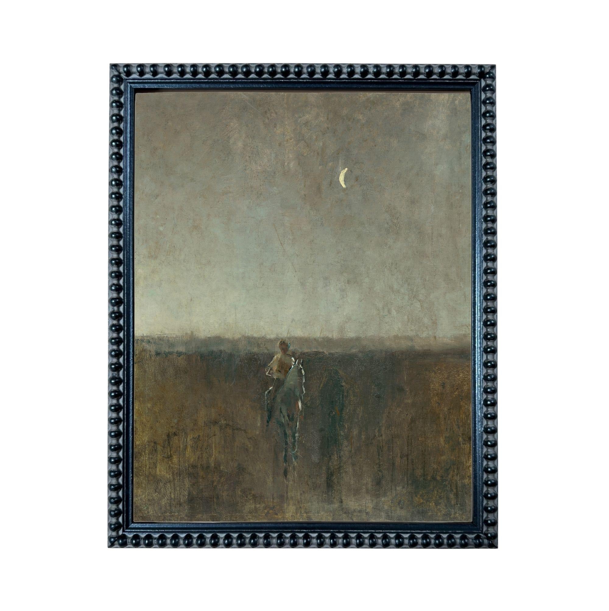 The image is a painting depicting a person riding a horse in a field under a moonlit sky.