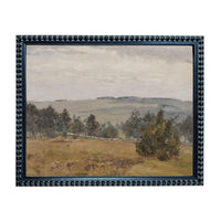 The image is a framed painting depicting a rural landscape with a field, trees, and rolling hills in the distance.