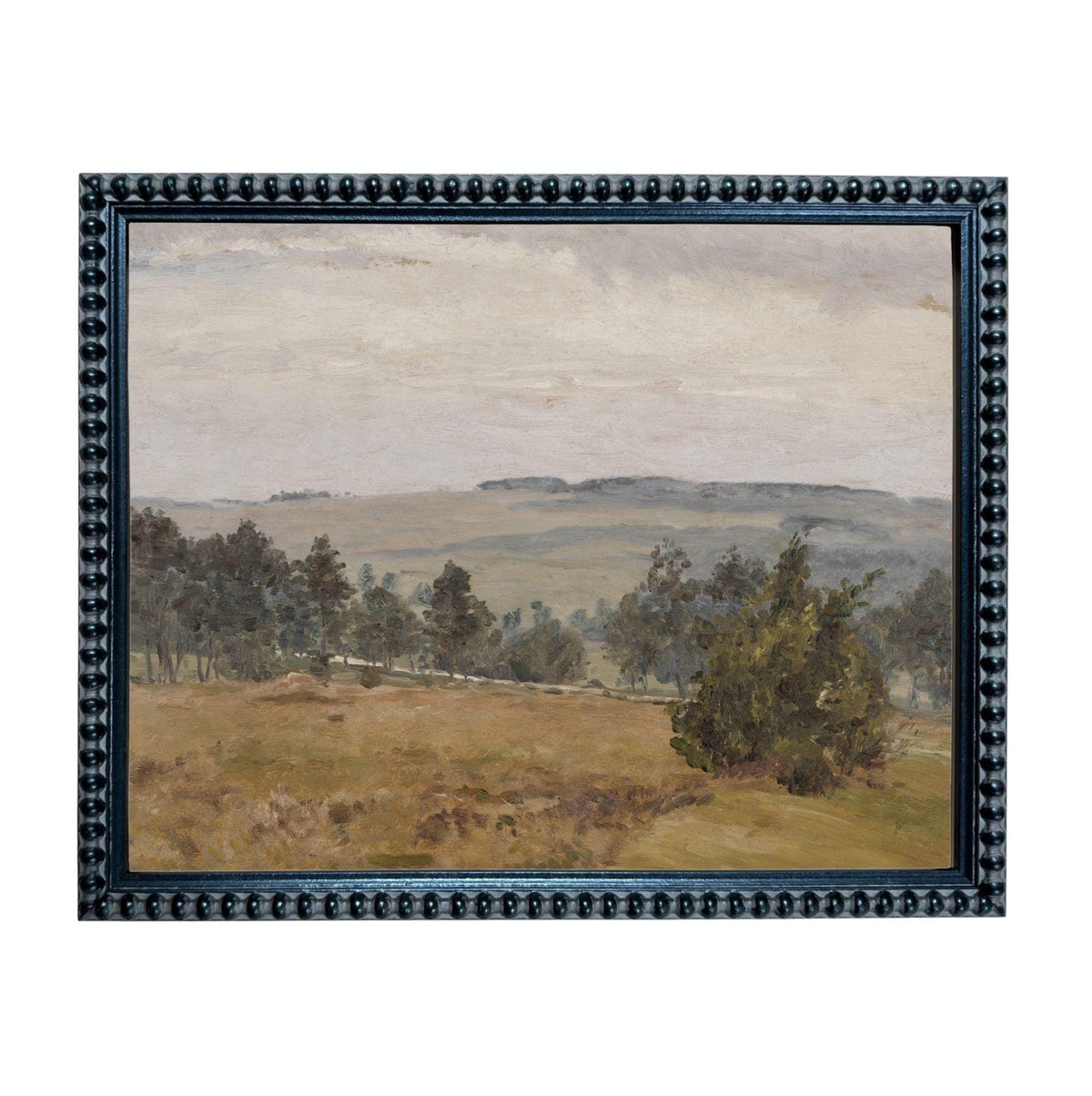 The image is a framed painting depicting a rural landscape with a field, trees, and rolling hills in the distance.