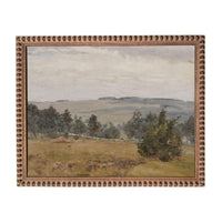 The image is an oil painting depicting a rural landscape with a field, trees, and a cloudy sky.