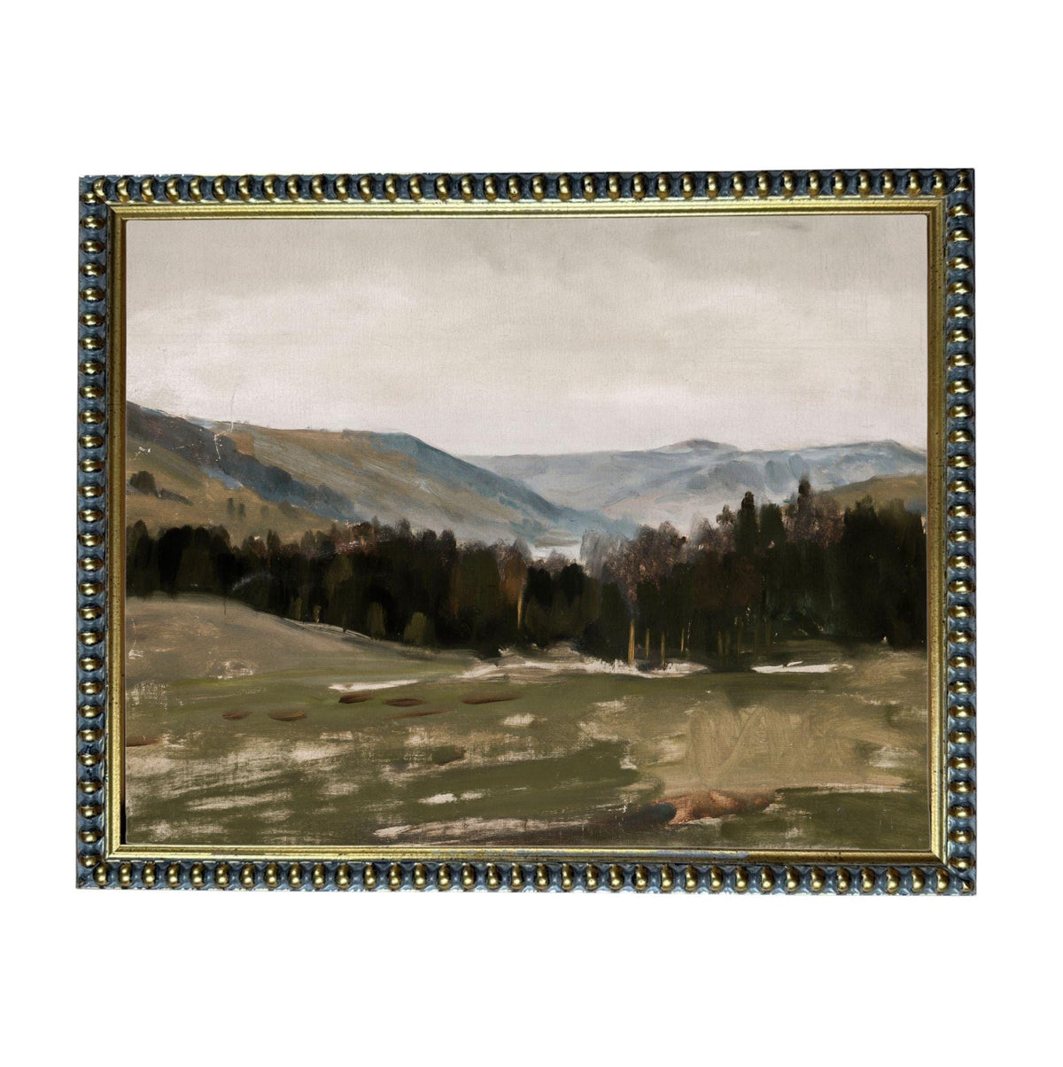 The image is a painting of a landscape featuring a grassy field, trees, and mountains in the distance.