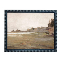 The image is a framed painting depicting a serene landscape with a body of water and rocky cliffs in the background.