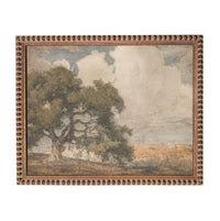 The image is a painting of a large tree with a cloudy sky in the background.