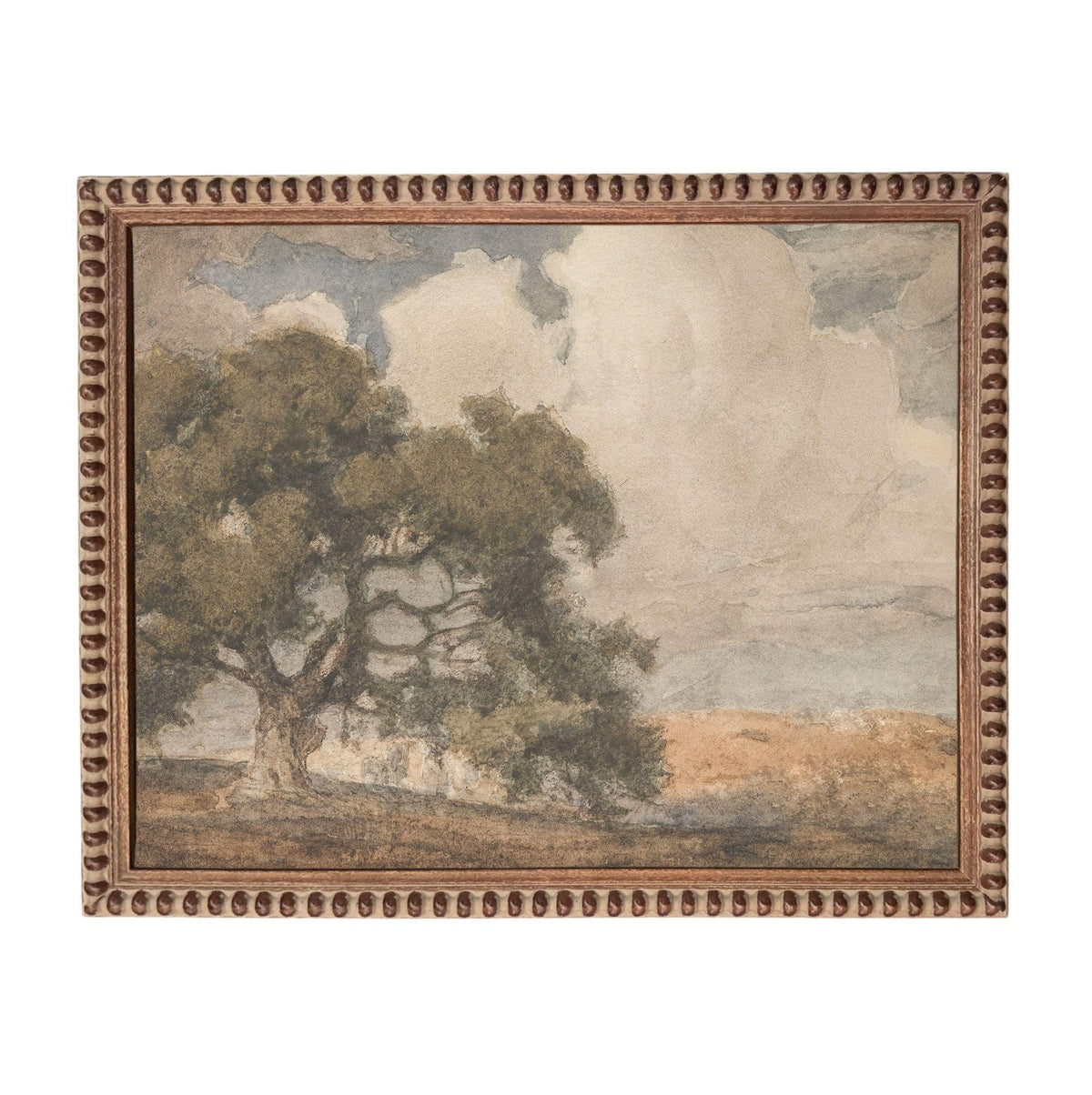 The image is a painting of a large tree with a cloudy sky in the background.