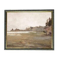 The image is a painting of a landscape with a rocky shoreline and a body of water in the background.