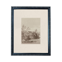 The image is a framed print depicting a serene landscape with a house surrounded by trees and a body of water.