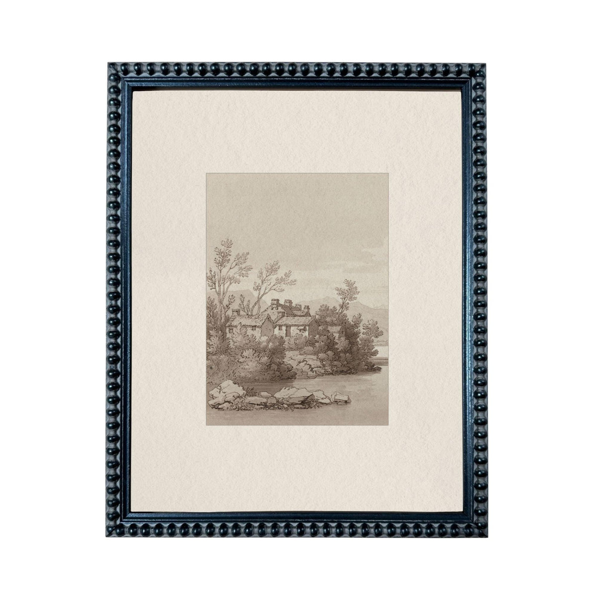 The image is a framed print depicting a serene landscape with a house surrounded by trees and a body of water.