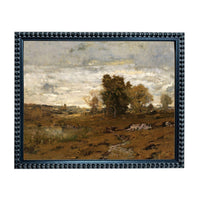 The image is a framed painting depicting a serene landscape with trees, grass, and a cloudy sky.