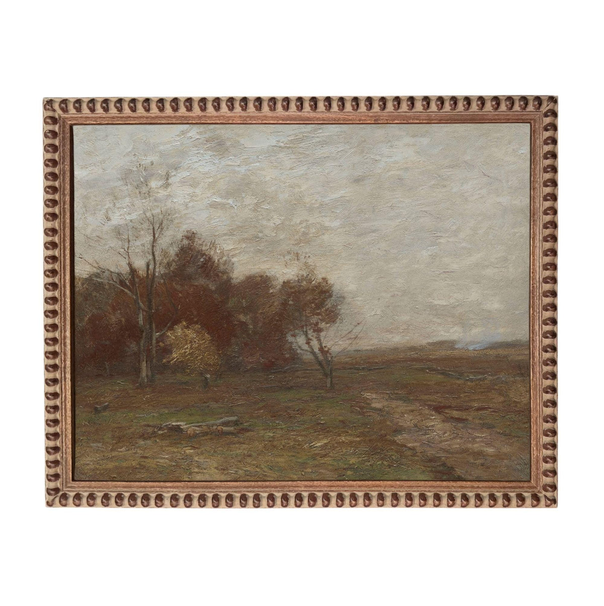 The image is a painting of a rural landscape with a dirt road, trees, and a cloudy sky.