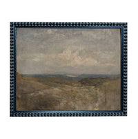 The image is a framed landscape painting depicting a serene countryside scene with rolling hills, a body of water, and a cloudy sky.