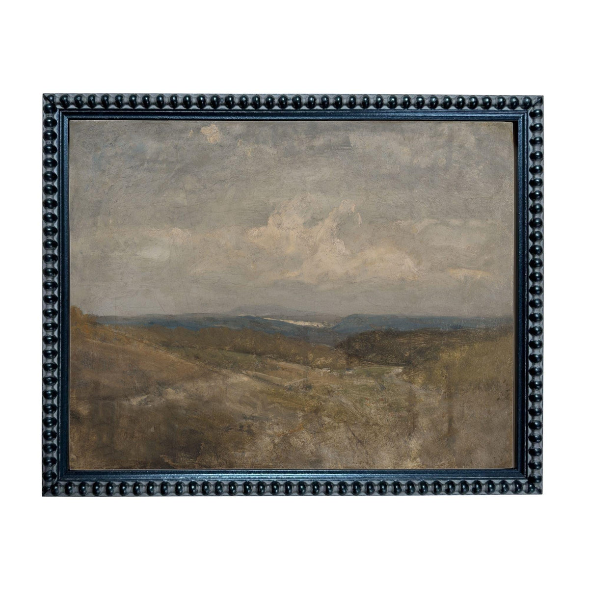 The image is a framed landscape painting depicting a serene countryside scene with rolling hills, a body of water, and a cloudy sky.