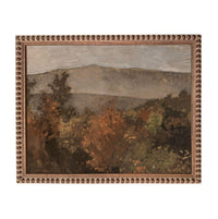 The image is a painting of a mountainous landscape with trees and foliage in autumn colors.