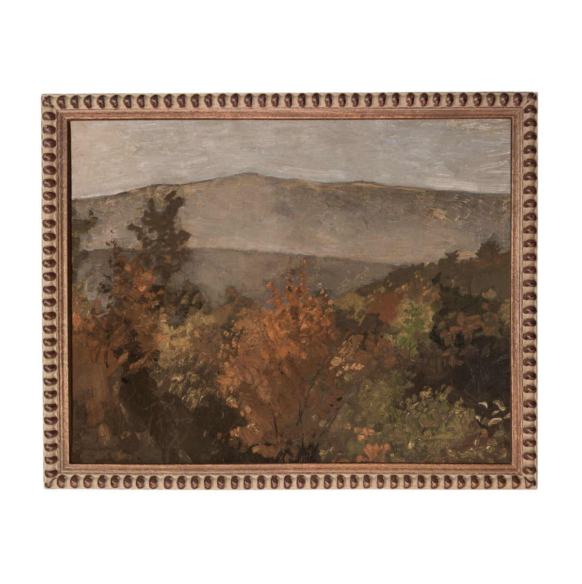 The image is a painting of a mountainous landscape with trees and foliage in autumn colors.