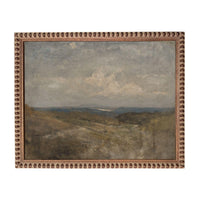 The image is a landscape painting depicting a serene countryside scene with rolling hills, a body of water, and a cloudy sky.