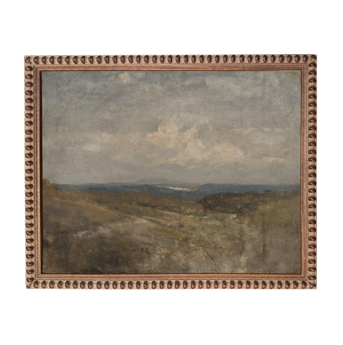 The image is a landscape painting depicting a serene countryside scene with rolling hills, a body of water, and a cloudy sky.