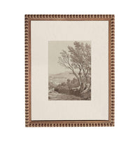 The image is a framed artwork depicting a serene landscape with a tree and a body of water in the background.