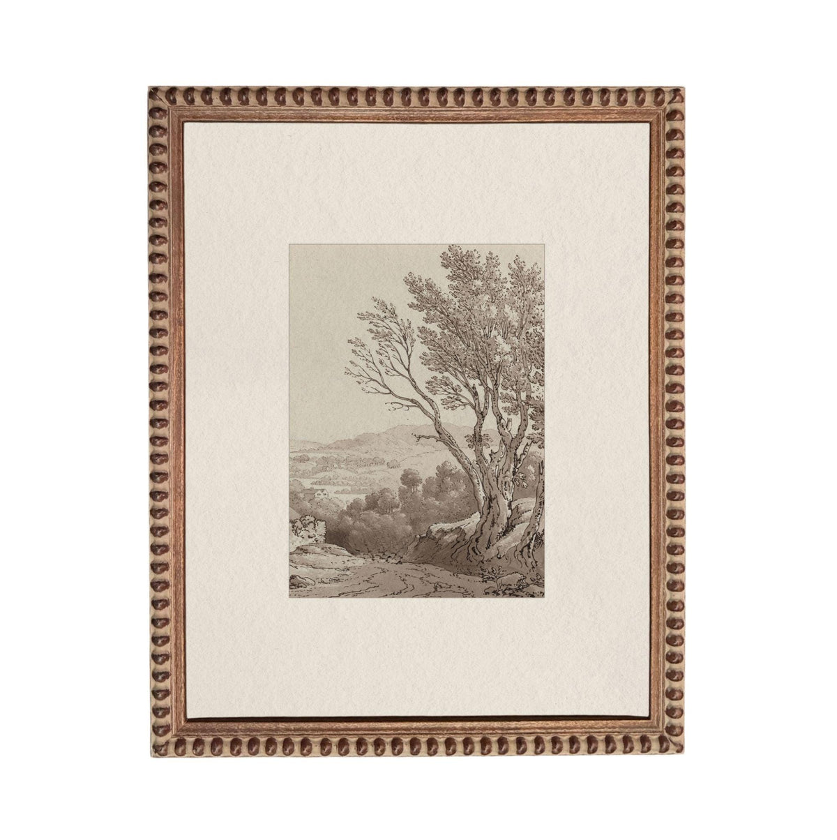 The image is a framed artwork depicting a serene landscape with a tree and a body of water in the background.