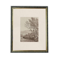The image is a framed artwork depicting a serene landscape with a tree in the foreground and a distant view of a valley or hill in the background.