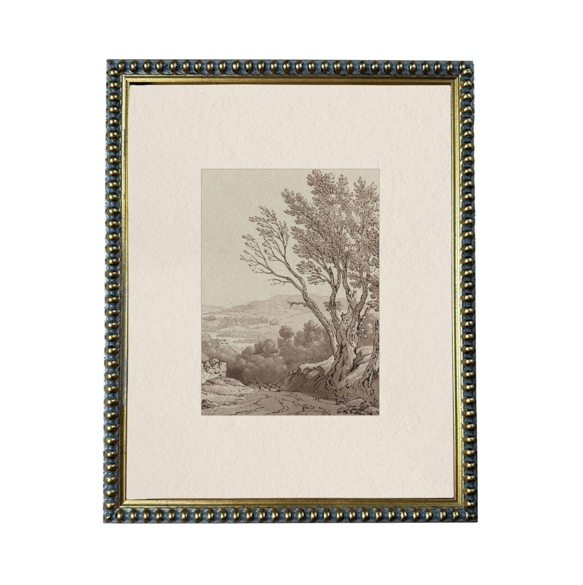 The image is a framed artwork depicting a serene landscape with a tree in the foreground and a distant view of a valley or hill in the background.