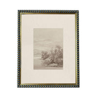 The image is a framed artwork depicting a serene landscape with trees and a body of water.