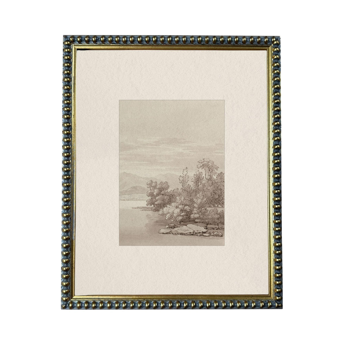 The image is a framed artwork depicting a serene landscape with trees and a body of water.