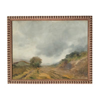 The image is a painting of a rural landscape with a cloudy sky, featuring a dirt road and a small building in the distance.