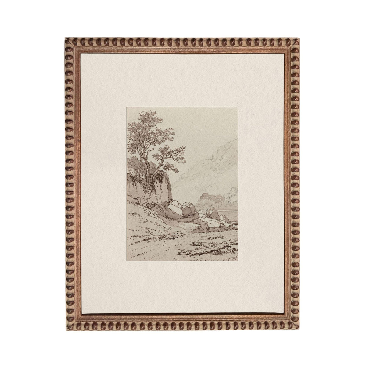 The image is a framed artwork depicting a landscape scene with a tree, mountains, and a body of water.