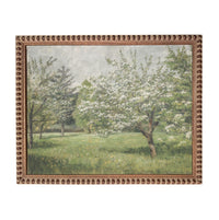 The image is a painting of a serene landscape featuring a field with trees and flowers, all in full bloom.
