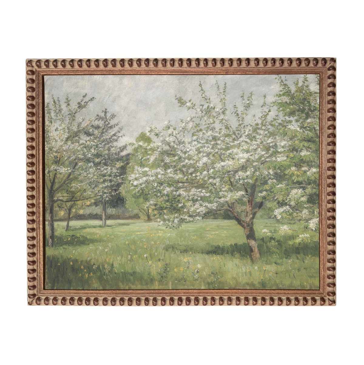 The image is a painting of a serene landscape featuring a field with trees and flowers, all in full bloom.