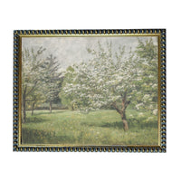A painting of a serene landscape with a field of flowers, trees, and a grassy area.